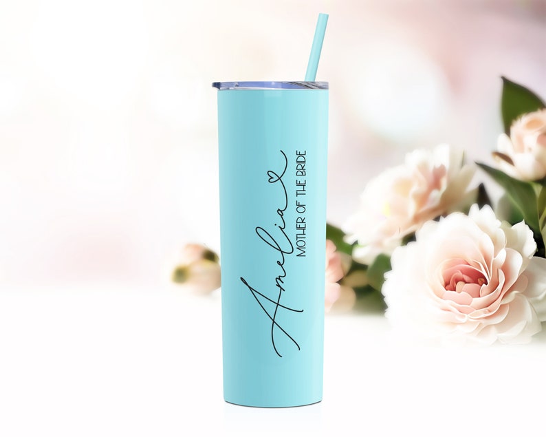 20 ounce Stainless steel tumbler shown in Seafoam with straw and lid personalized with UV print. Can be made for mother of the bride, mother of the groom, bridesmaid, bride, groom, maid of honor, matron of honor, flower girl, and more!