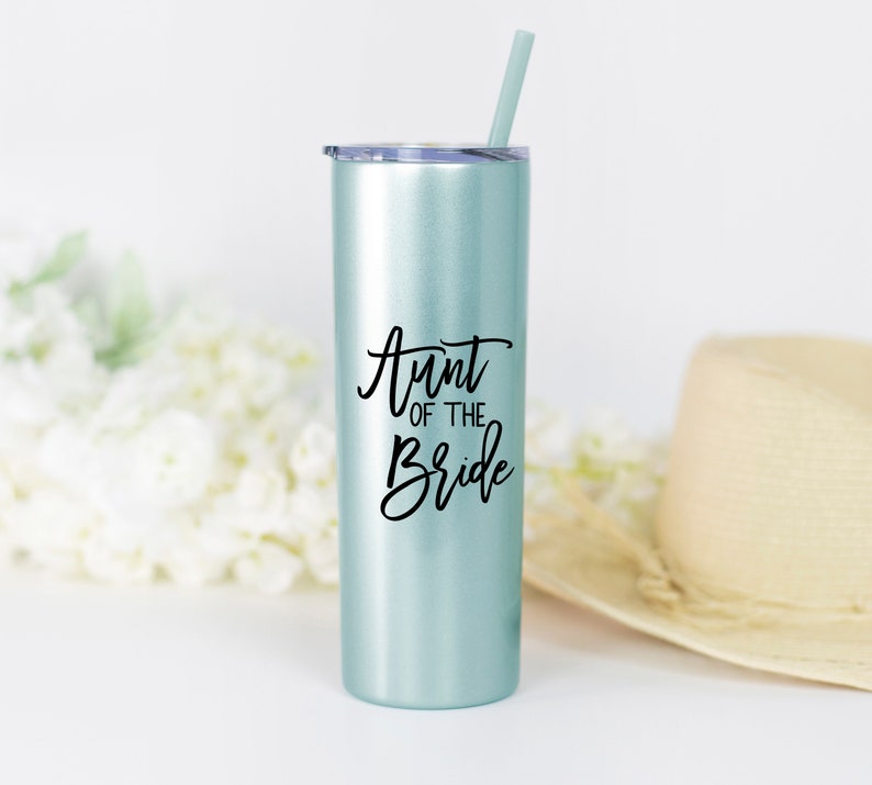 20 ounce stainless steel tumbler with aunt of the bride or groom printed on the front.  Includes lid and straw. Personalized with direct UV print.