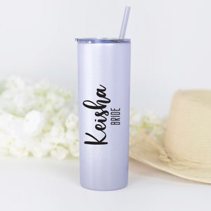 wedding party tumbler, includes one name and title per tumbler for mother of the bride or mother of the groom or sister of the bride or groom, or maid of honor or bridesmaid or matron of honor.