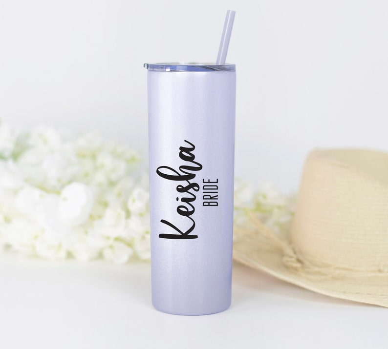 wedding party tumbler, includes one name and title per tumbler for mother of the bride or mother of the groom or sister of the bride or groom, or maid of honor or bridesmaid or matron of honor.