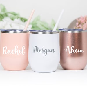 Custom Wine Tumbler with Name, Bridesmaid Tumbler, Personalized Wine Tumbler With Lid, Wine Tumbler With Straw, Stemless Wine Cup