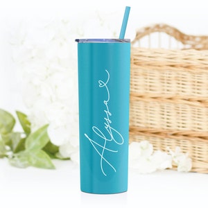 Bridesmaid gift - 20 ounce stainless steel tumbler includes lid and matching straw. Personalized with name. Shown in matte Caribbean Cool with white print.