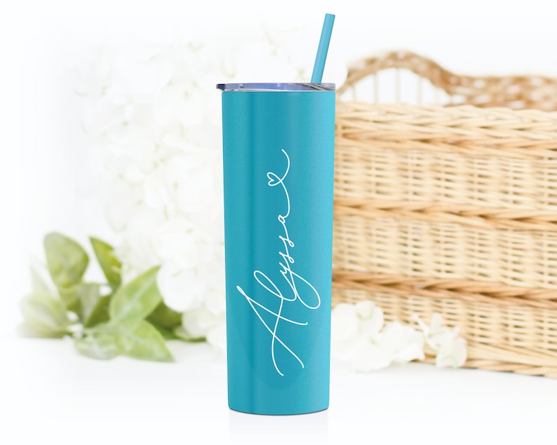 Bridesmaid gift - 20 ounce stainless steel tumbler includes lid and matching straw. Personalized with name. Shown in matte Caribbean Cool with white print.