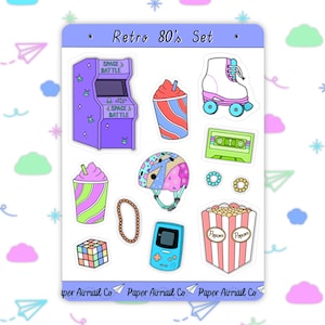 Retro 80’s Vintage Arcade Game Popcorn Roller Skate Rubix Cube Planner Bullet Journalling Sticker Set