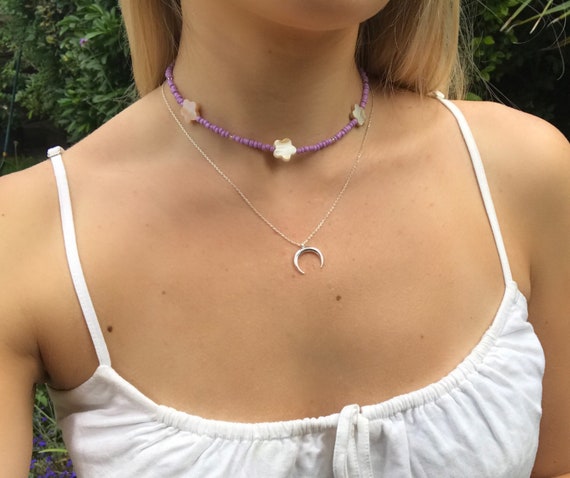 Mother of Pearl Flower and Lilac Beaded Choker Necklace