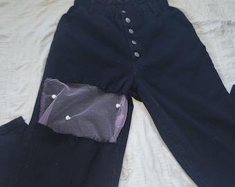 Upcycling Highwaist Jeans schwarz überarbeitet Denim recyceltes Polyester hohe Taille Hose einzigartige Patchwork Jeans Designer Jeans Slim Fit Hose