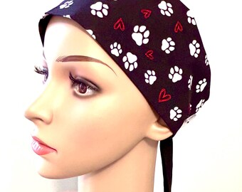 Paw Print Scrub Cap: Unisex Cotton with Buttons for Medical/Vet professionals /Chefs