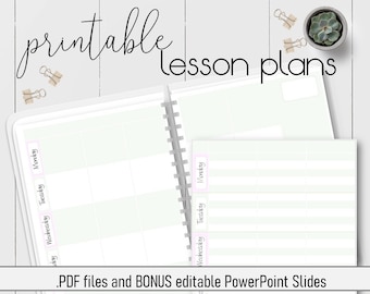 May include: Printable lesson plan template with a green background and a white grid. The template is divided into days of the week, with a separate section for each day. The text "printable lesson plans" is written in black cursive at the top of the page.