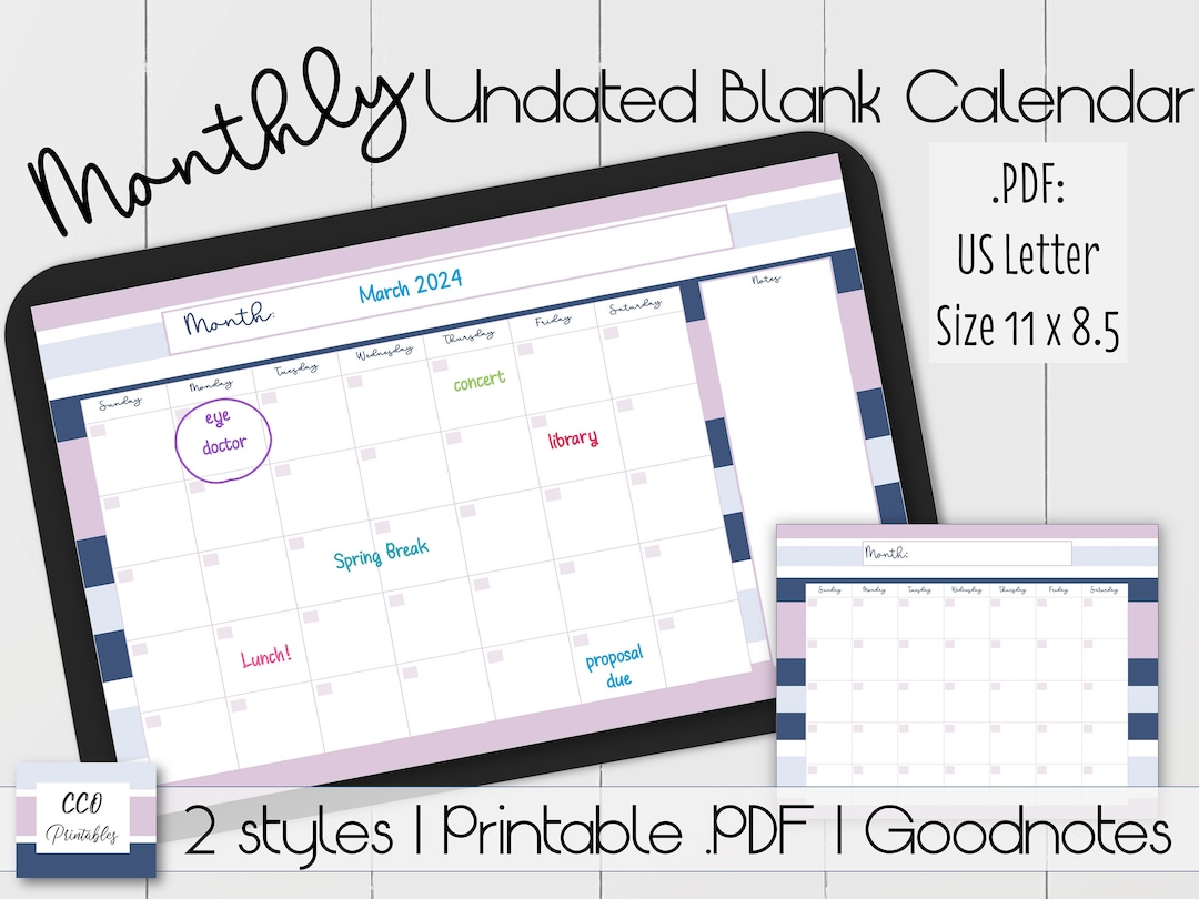 Monthly Undated Blank Calendar | Printable Undated Planner | .PDF ...