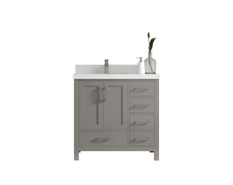 Malibu 36 in. W x 22 in. D Left Offset Sink Bathroom Vanity in Elephant Skin Gray with Quartz or Marble Countertop | MODERN VANITY