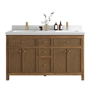 Tocador de baño de teca Sonoma de 60 pulgadas de ancho x 22 pulgadas de profundidad con lavabo doble acanalado en color natural oscuro con cubierta de cuarzo o mármol / estriado. TOCADOR MODERNO