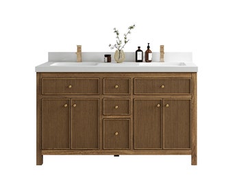 Sonoma Solid Golden Teak 60 in. W x 22 in. D Fluted Double Sink Bathroom Vanity with Quartz or Marble Top | Reeded MODERN VANITY | PREMIUM Q