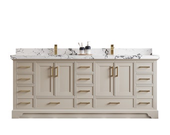 Charlotte 84 in. W x 22 in. D Double Sink Bathroom Vanity in Fine Grain with Quartz or Marble Countertop | MODERN VANITY | PREMIUM Q