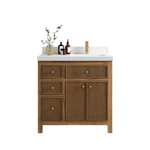 Sonoma Solid Golden Teak 36 in. W x 22 in. D Right Offset Sink Bathroom Vanity with Quartz or Marble Top | Reeded MODERN VANITY | PREMIUM Q