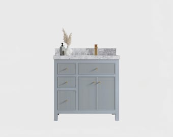 Sonoma 36 in W x 22 in D Right Offset Free Standing Reeded Bathroom Vanity in Blue Heather with Quartz or Marble Countertop | MODERN VANITY