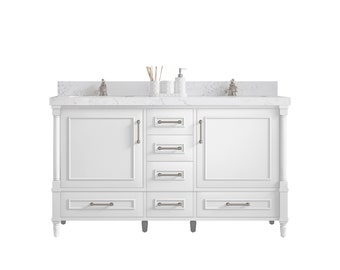 Aberdeen 60 in. W x 22 in. D Double Sink Bathroom Vanity in White with Quartz or Marble Countertop | MODERN VANITY | PREMIUM Q