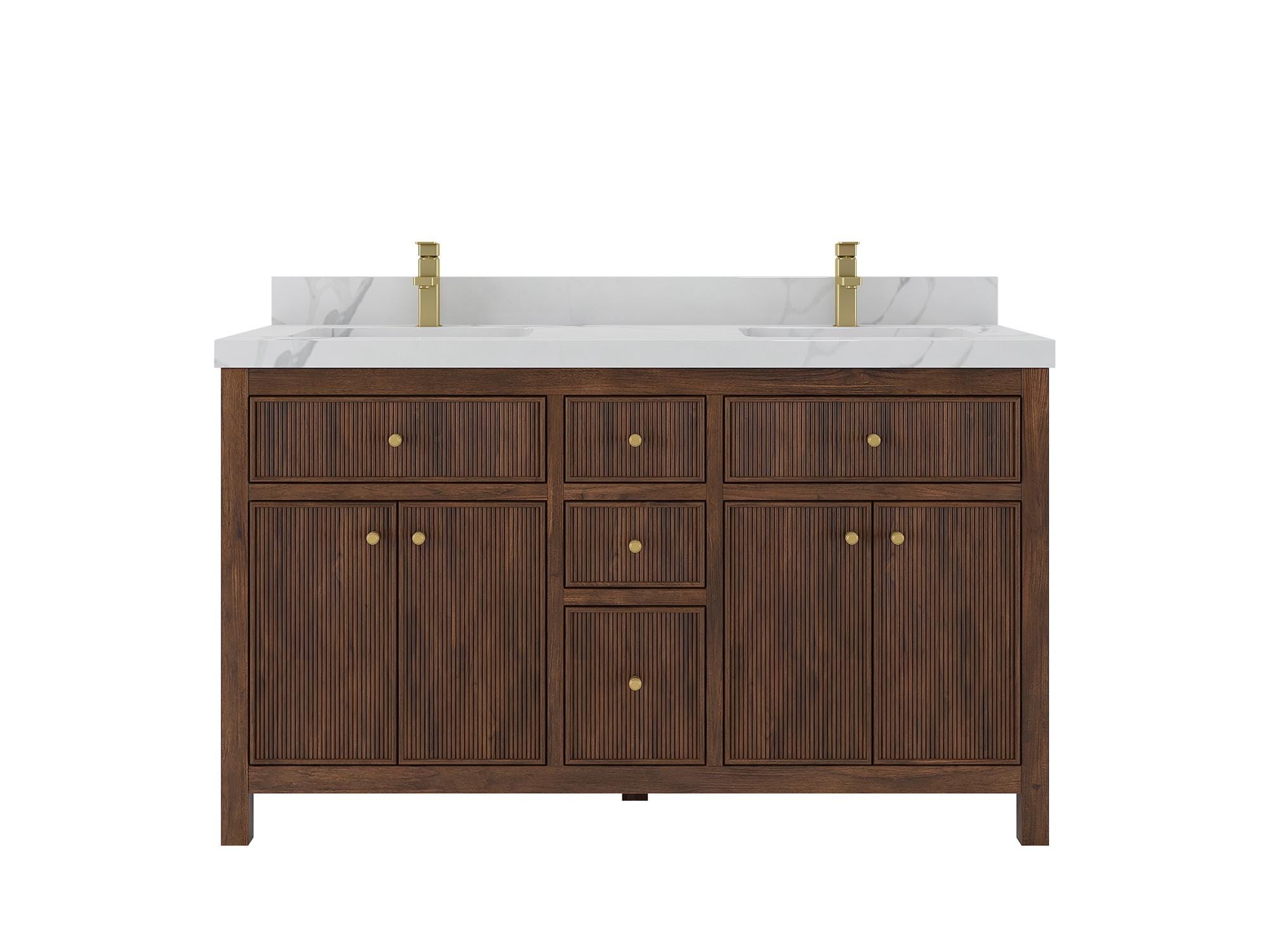 Sonoma Teak 60 in. W x 22 in. D Fluted Double Sink Bathroom Vanity in Dark Walnut with Quartz or Marble Top | Reeded | PREMIUM Q