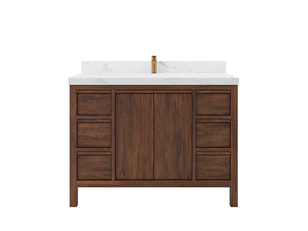 Modern Light Oak Single Sink Bathroom Vanity with White Quartz Top - 48 inch, image size:1080x810