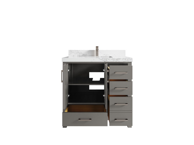 May include: A grey bathroom vanity with a white countertop and a single sink. The vanity has two doors and four drawers, all of which are open to reveal the interior.