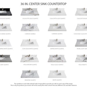 May include: A selection of 36-inch centre sink worktops in various colours and patterns, including Calacatta Black Quartz, Calacatta Gold Quartz, Calacatta Laza Quartz, Calacatta Nuvo Quartz, Calacatta Sienna Quartz, Carrara Marble, Carrara Quartz, Cove Edge Calacatta Laza Quartz, Cove Edge Empira White Quartz, Cove Edge White Quartz, Empira White Quartz, Pearl Light Grey Quartz, Piatra Grey Quartz, Viola Brown Quartz, Viola Gold Quartz, Viola Night Quartz, Venatino Quartz, and White Quartz.