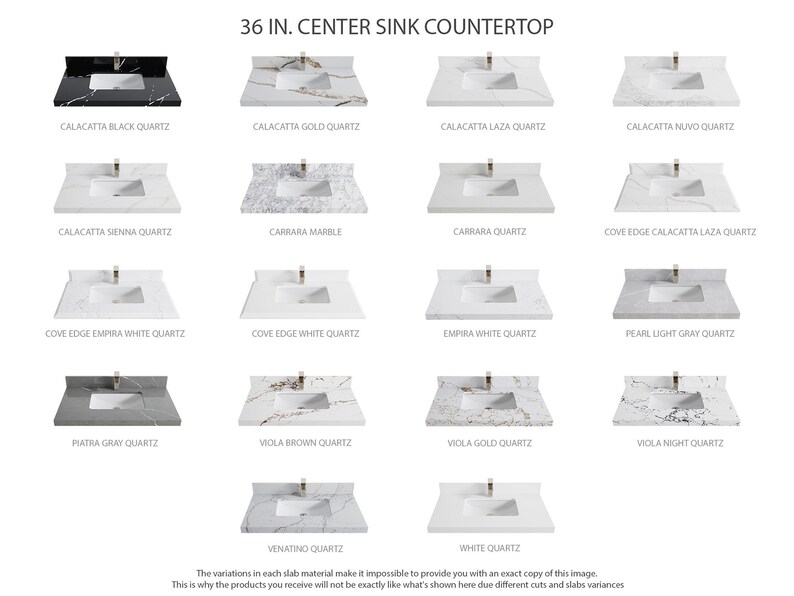 May include: A selection of 36-inch centre sink worktops in various colours and patterns, including Calacatta Black Quartz, Calacatta Gold Quartz, Calacatta Laza Quartz, Calacatta Nuvo Quartz, Calacatta Sienna Quartz, Carrara Marble, Carrara Quartz, Cove Edge Calacatta Laza Quartz, Cove Edge Empira White Quartz, Cove Edge White Quartz, Empira White Quartz, Pearl Light Grey Quartz, Piatra Grey Quartz, Viola Brown Quartz, Viola Gold Quartz, Viola Night Quartz, Venatino Quartz, and White Quartz.