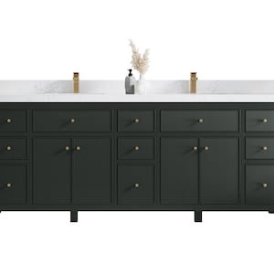 Sonoma 84 in W x 22 in D Free Standing Reeded Double Sink Bathroom Vanity in Dark Forest Green with Quartz or Marble Countertop
