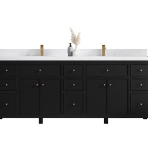 Sonoma 84 in W x 22 in D Free Standing Reeded Double Sink Bathroom Vanity in Black with Quartz or Marble Countertop | MODERN VANITY