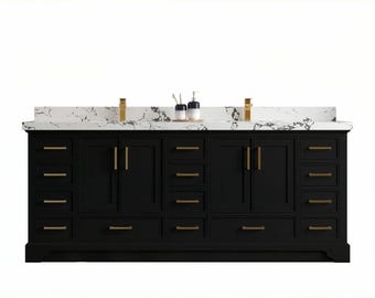 Charlotte 84 in. W x 22 in. D Double Sink Bathroom Vanity in Black with Quartz or Marble Countertop | MODERN VANITY | PREMIUM Q