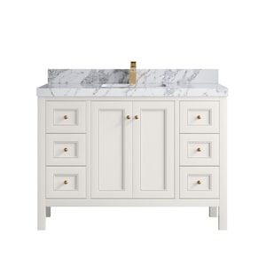 May include: A white bathroom vanity with a marble countertop and gold-toned faucet. The vanity has two cabinet doors, six drawers, and gold-colored hardware. The overall design is clean and modern, suitable for a bathroom renovation.
