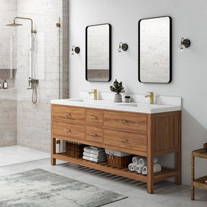 72 In. W X 22 In. D Parker Teak Double Sink Bathroom Vanity in Golden ...
