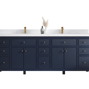 Sonoma 84 in W x 22 in D Free Standing Reeded Double Sink Bathroom Vanity in Hale Navy Blue with Quartz or Marble Countertop | MODERN VANITY