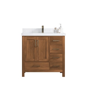 Malibu 36 in. W x 22 in. D Center Teak Wood Single Sink Bathroom Vanity with Quartz or Marble Top | MODERN VANITY | PREMIUM Q |