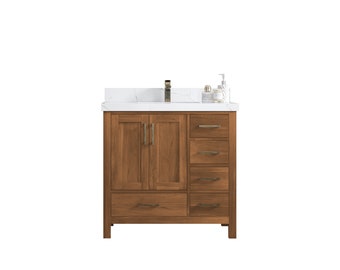 Malibu 36 in. W x 22 in. D Center Single Sink Bathroom Vanity in Golden Teak Wood with Quartz or Marble Top | MODERN VANITY