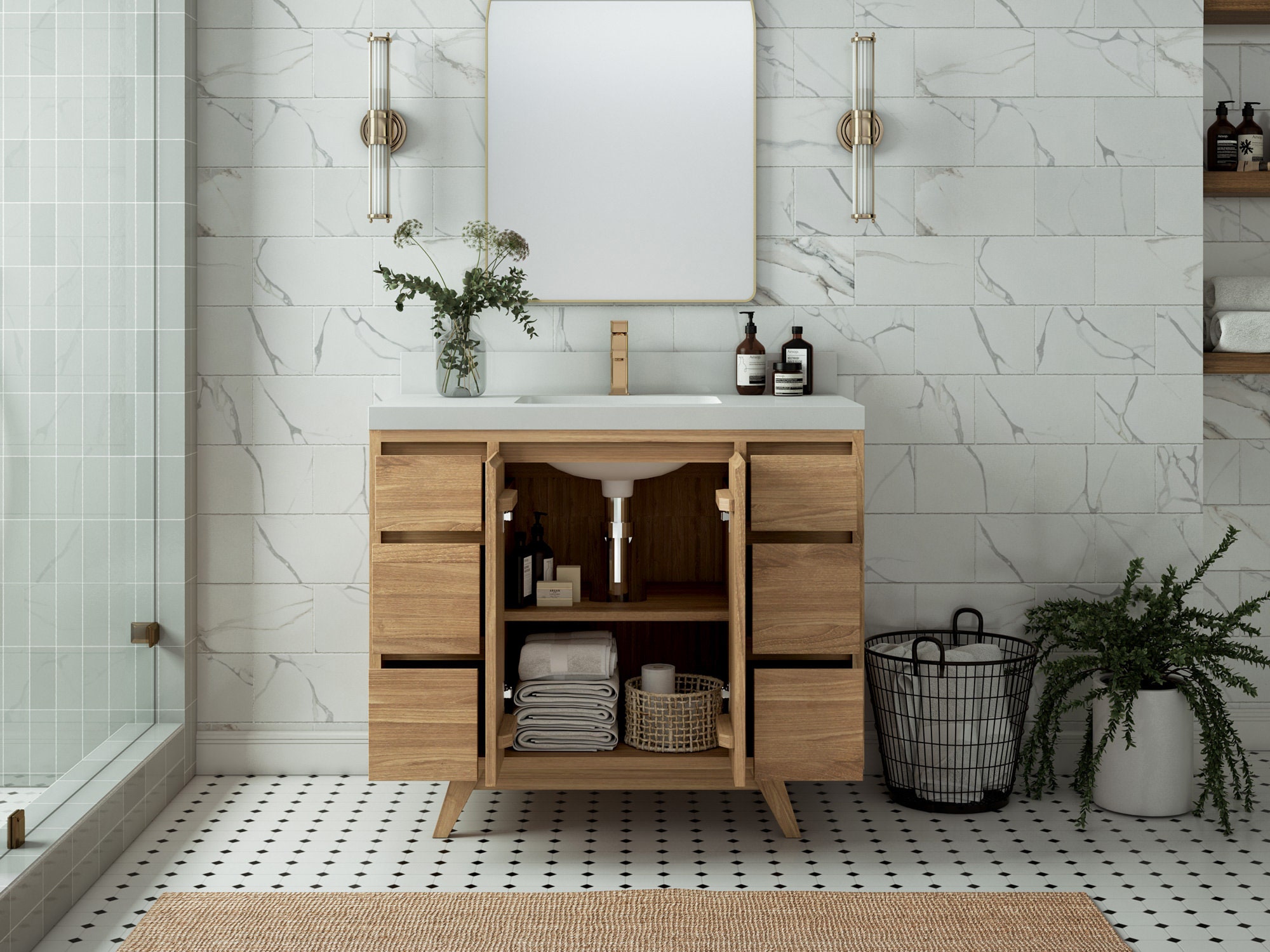 42 In. W X 22 In. D Madison Teak Double Sink Bathroom Vanity in Light ...