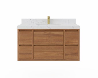 Madison Solid Floating Teak 42 in. W x 22 in. D Single Sink Bathroom Vanity in Dark Natural Teak with Quartz or Marble Top | MODERN VANITY