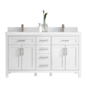 Cambridge 60 in. W x 22 in. D Double Sink Bathroom Vanity in White with Quartz or Marble Countertop | MODERN VANITY | PREMIUM Q