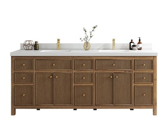 Sonoma Teak 84 in. W x 22 in. D Fluted Double Sink Bathroom Vanity in Dark Natural with Quartz or Marble Top | Reeded MODERN VANITY