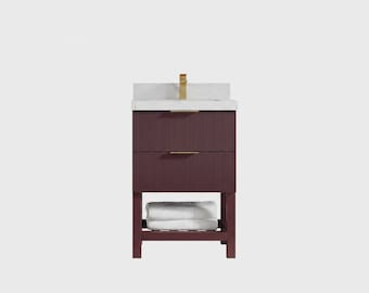 Catalina Teak 24  in. W x 22 in. D Single Sink Bathroom Vanity in Burgundy with Quartz or Marble Top | Reeded MODERN VANITY