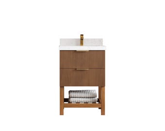 Catalina Teak 24  in. W x 22 in. D Single Sink Bathroom Vanity in Dark Natural Teak with Quartz or Marble Top | Reeded MODERN VANITY