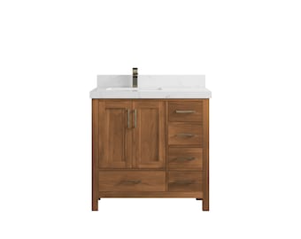 Malibu 36 in. W x 22 in. D Left Offset Single Sink Bathroom Vanity in Golden Teak Wood with Quartz or Marble Top | MODERN VANITY | PREMIUM Q