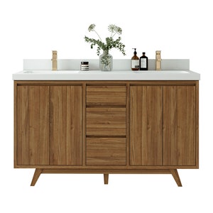 Madison Solid Teak 60 in. W x 22 in. D Double Sink Bathroom Vanity in Dark Natural with Quartz or Marble Countertop | Modern Mid Century