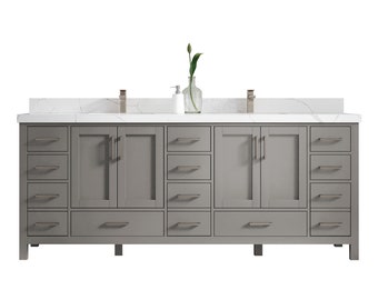 May include: A double vanity bathroom sink with a gray cabinet and white countertop. The cabinet has multiple drawers and doors. The countertop has a white marble pattern.