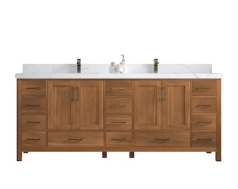 Malibu 84 in. W x 22 in. D Double Sink Bathroom Vanity in Golden Teak Wood with Quartz or Marble Top | MODERN VANITY | PREMIUM Q |