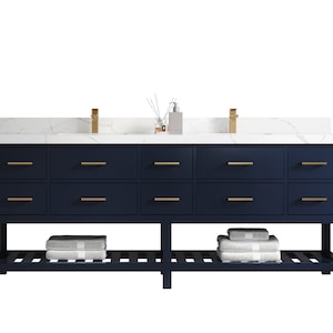 Parker 84 in. W x 22 in. D Double Sink Bathroom Vanity in Navy Blue with Quartz or Marble Countertop | MODERN VANITY | PREMIUM Q