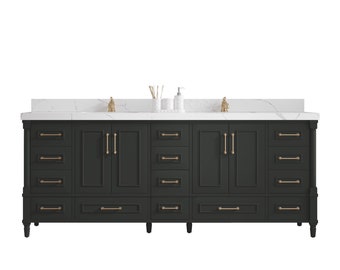 Aberdeen 84 in. W x 22 in. D Double Sink Bathroom Vanity in Black Top with Quartz or Marble Countertop | MODERN VANITY | PREMIUM Q