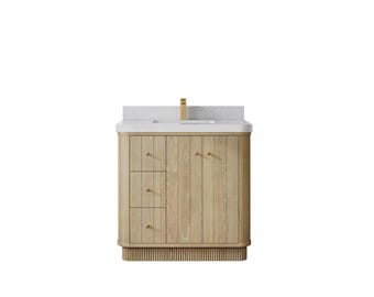 Houston White Oak  36 in. W x 22 in. D Center Free Standing Curved Edge Sink Bathroom Vanity  or Marble Countertop | Modern Vanity