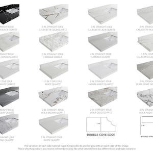 May include: A visual guide to different edge styles for countertop slabs.  The image shows 12 different edge styles, including straight, cove, and mitered edges.  Each edge style is shown with a different countertop material, such as Calacatta Black Quartz, Carrara Marble, and White Quartz.  The image also includes text labels for each edge style and countertop material.