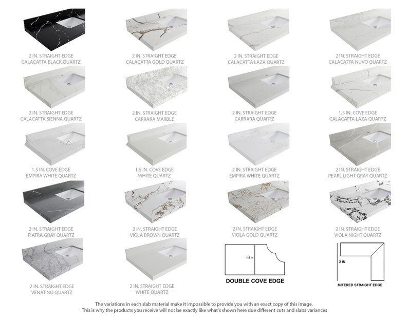 May include: A visual guide to different edge styles for countertop slabs.  The image shows 12 different edge styles, including straight, cove, and mitered edges.  Each edge style is shown with a different countertop material, such as Calacatta Black Quartz, Carrara Marble, and White Quartz.  The image also includes text labels for each edge style and countertop material.