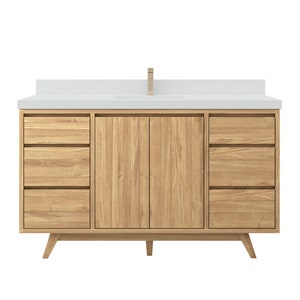 60 in. W x 22 in. D Madison Teak Single Sink Bathroom Vanity in Light Natural with Quartz or Marble Countertop | Mid Century Modern Vanity