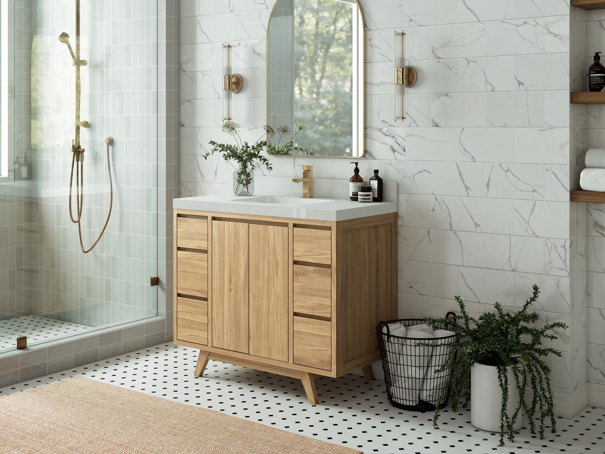 42 In. W X 22 In. D Madison Teak Double Sink Bathroom Vanity in Light ...